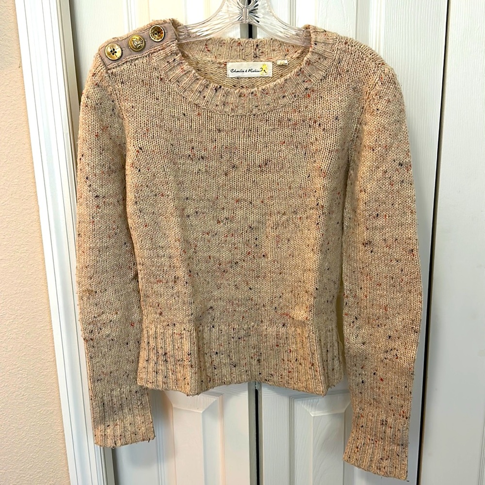 Anthro Charlie & Robin | Fleckled cream sweater with gold button detailing